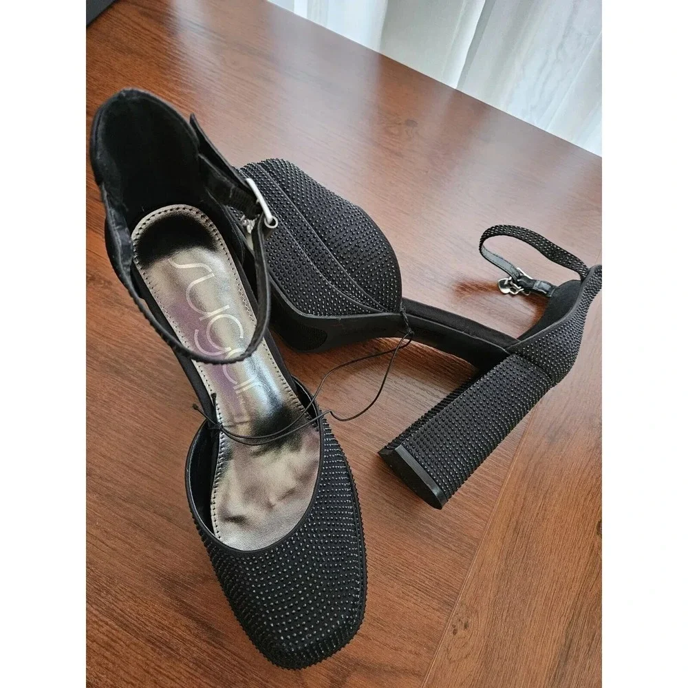 Sugar Platform Pumps Women 9 Black Willfully 2 Rhinestone Block Heel Ankle Strap